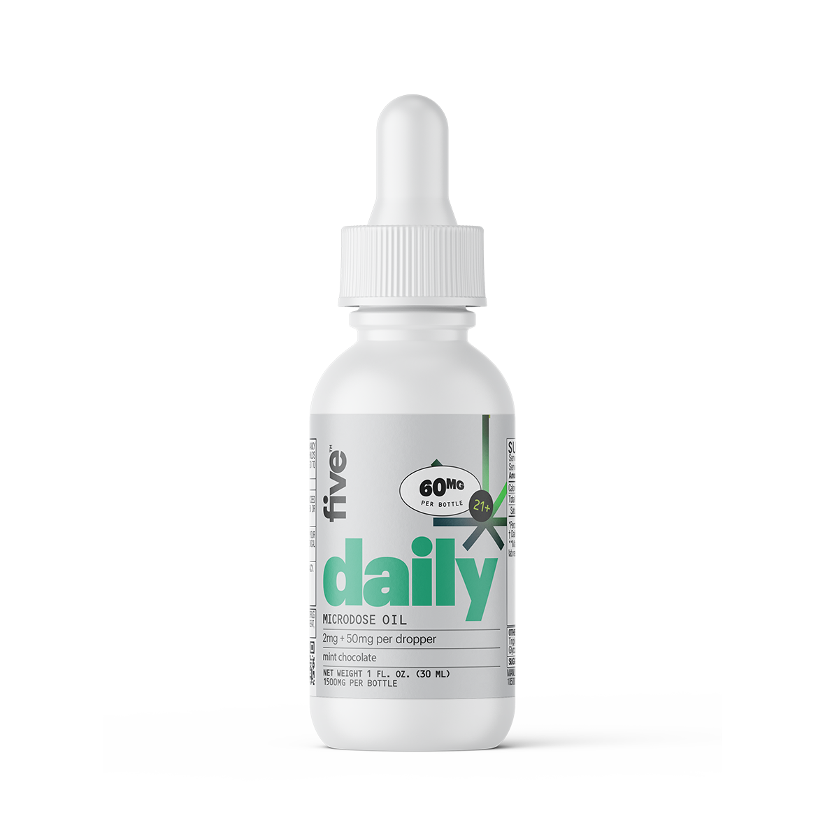 five daily MICRODOSE OIL 60MG PER BOTTLE 21+ 2mg + 50mg per dropper mint chocolate NET WEIGHT 1 FL. OZ. (30 ML)