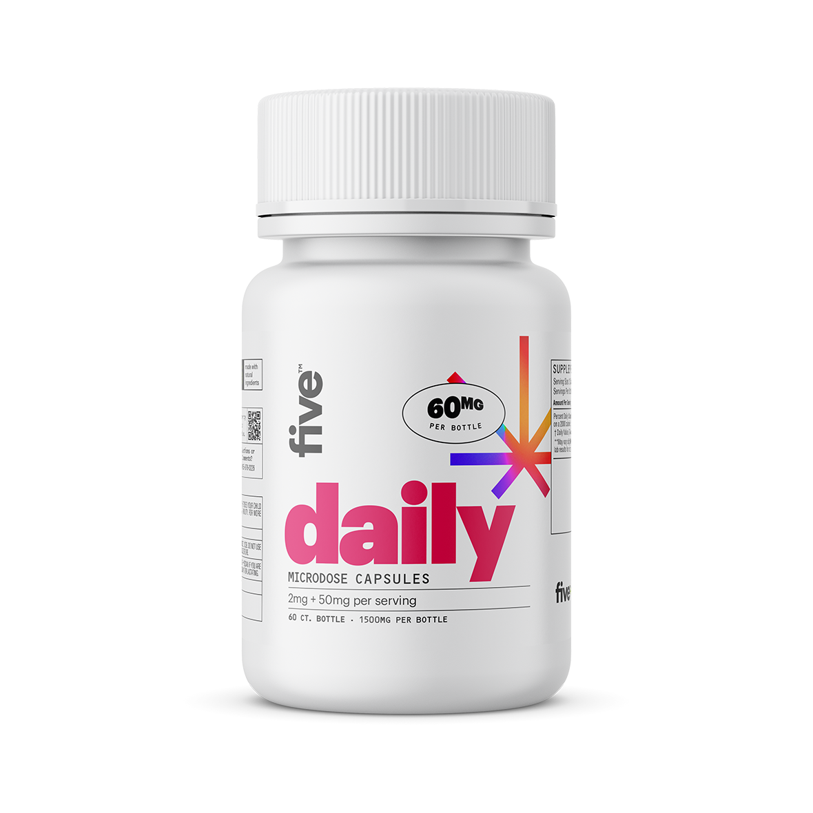 five; 60MG PER BOTTLE; daily; MICRODOSE CAPSULES; 2mg + 50mg per serving; 60 CT. BOTTLE - 1500MG PER BOTTLE