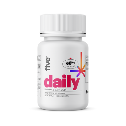 five; 60MG PER BOTTLE; daily; MICRODOSE CAPSULES; 2mg + 50mg per serving; 60 CT. BOTTLE - 1500MG PER BOTTLE