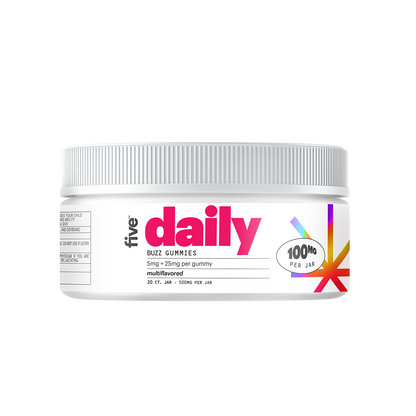 five daily - BUZZ GUMMIES; 5mg + 25mg per gummy; multiflavored; 20 CT. JAR · 500MG PER JAR; 100MG PER JAR