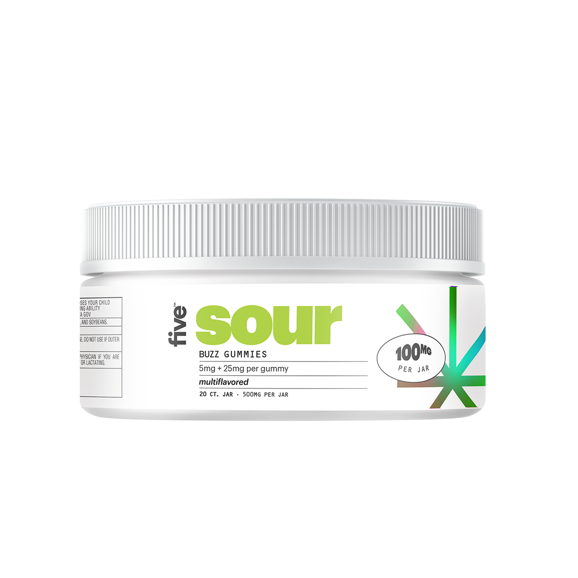 White jar label reading sour BUZZ GUMMIES 5mg + 25mg per gummy multiflavored 20 CT. JAR · 500MG PER JAR 100MG PER JAR