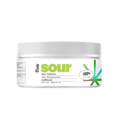 White jar label reading sour BUZZ GUMMIES 5mg + 25mg per gummy multiflavored 20 CT. JAR · 500MG PER JAR 100MG PER JAR