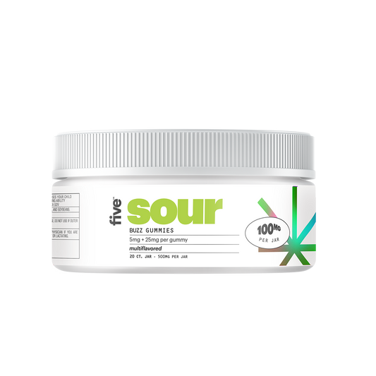 White jar label reading sour BUZZ GUMMIES 5mg + 25mg per gummy multiflavored 20 CT. JAR · 500MG PER JAR 100MG PER JAR