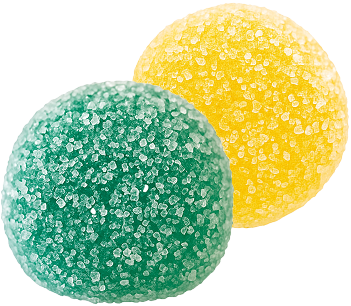 Two sugar-coated gumdrop candies—one green, one yellow—with visible coarse sugar crystals.
