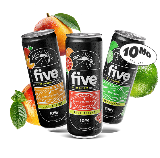 Three black cans of five EXTRA-INFUSED SELTZER — MANGO SUNSET; BLOOD ORANGE BLAZE; ZESTY LIME. FAST-ACTING. 10MG PER CAN.
