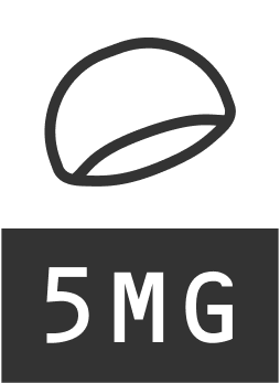 Pill cap icon above dark label reading 5MG