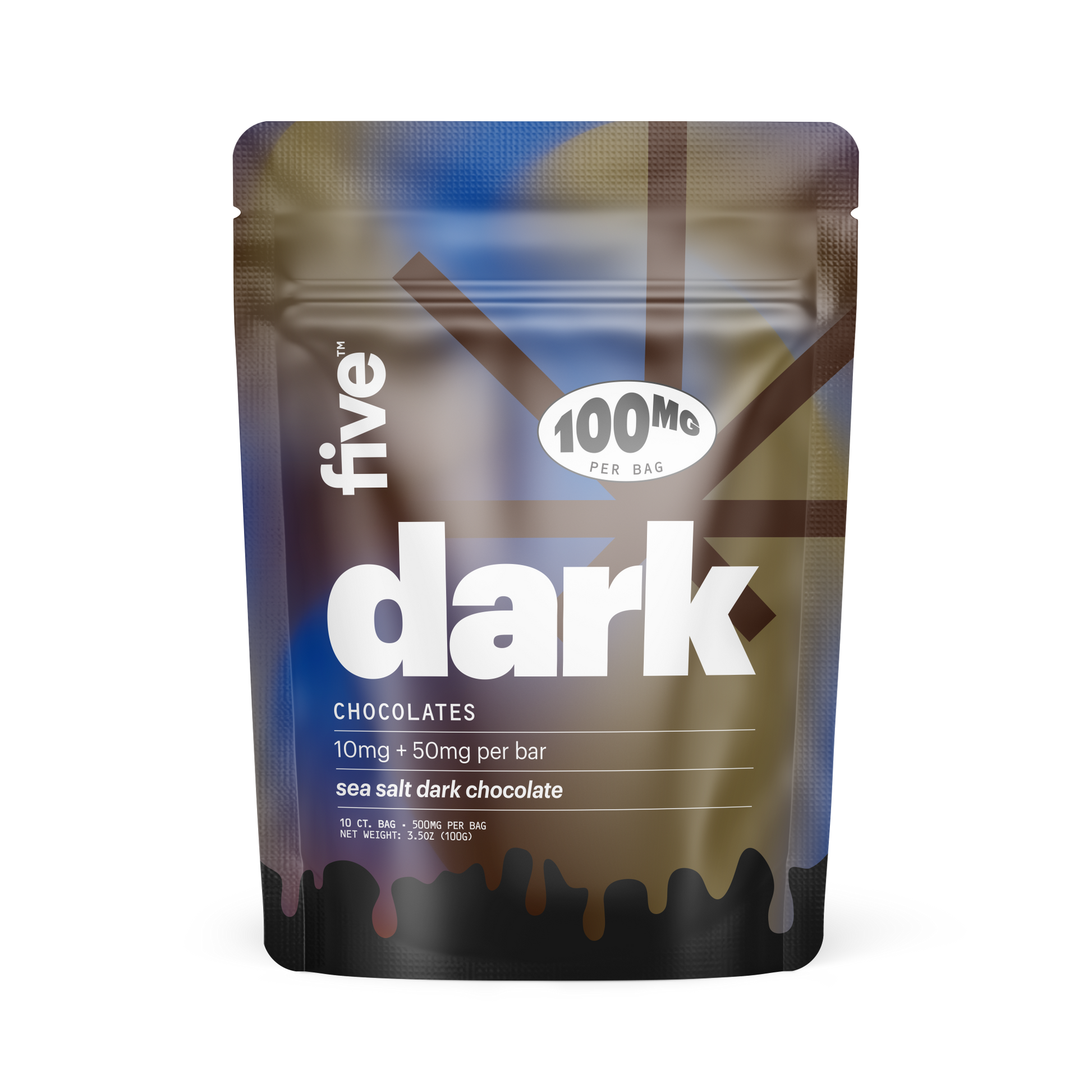 five dark CHOCOLATES pouch — 100MG PER BAG; 10mg + 50mg per bar; sea salt dark chocolate