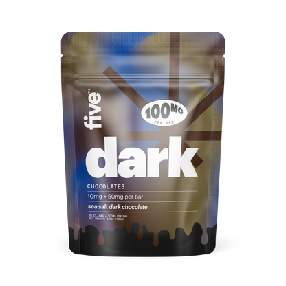 five dark CHOCOLATES pouch — 100MG PER BAG; 10mg + 50mg per bar; sea salt dark chocolate