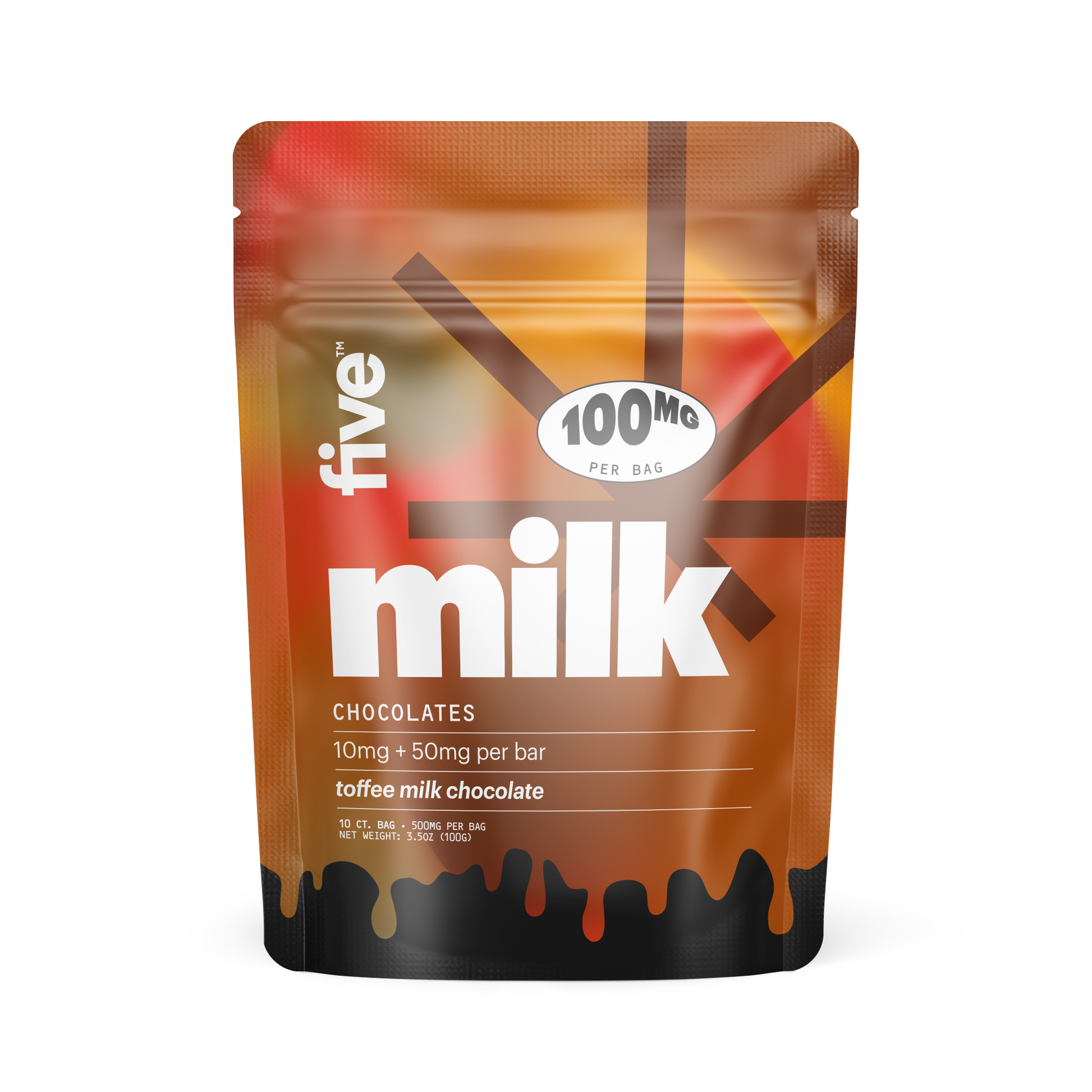 five milk 100MG PER BAG CHOCOLATES 10mg + 50mg per bar toffee milk chocolate 10 CT. BAG 500MG PER BAG NET WEIGHT: 3.5OZ(100G)