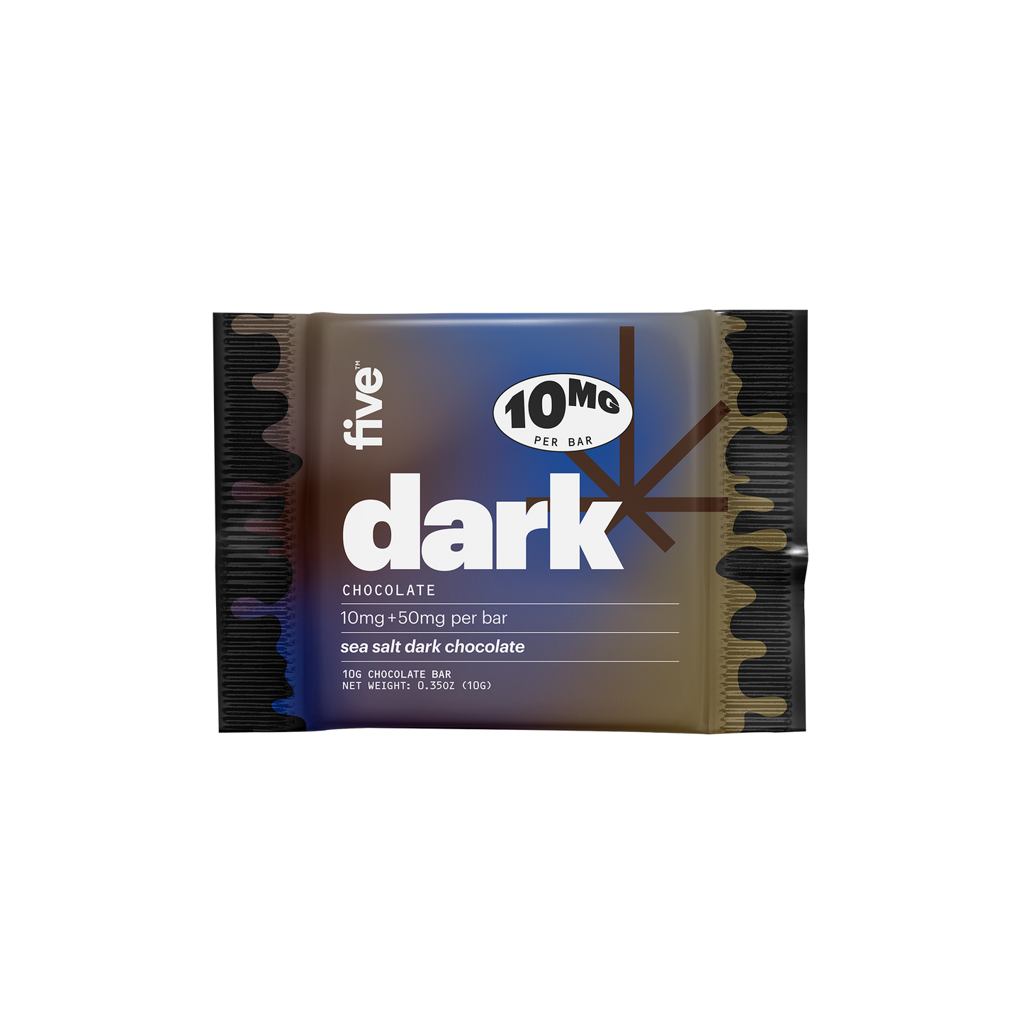 five dark CHOCOLATE 10MG PER BAR 10mg +50mg per bar sea salt dark chocolate 10G CHOCOLATE BAR NET WEIGHT: 0.35OZ (10G)