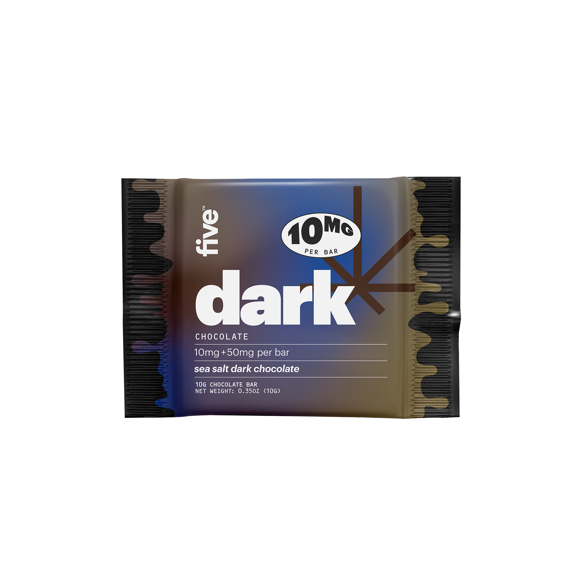 five dark CHOCOLATE 10MG PER BAR 10mg +50mg per bar sea salt dark chocolate 10G CHOCOLATE BAR NET WEIGHT: 0.35OZ (10G)