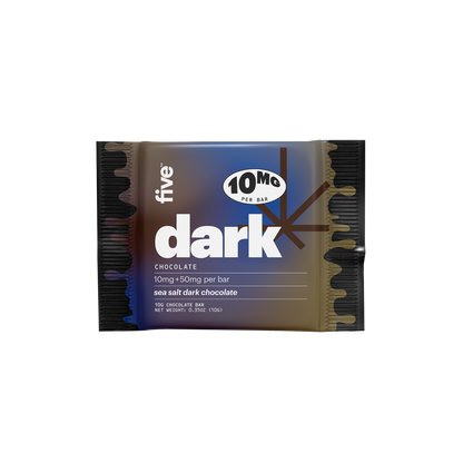 five dark CHOCOLATE 10MG PER BAR 10mg +50mg per bar sea salt dark chocolate 10G CHOCOLATE BAR NET WEIGHT: 0.35OZ (10G)