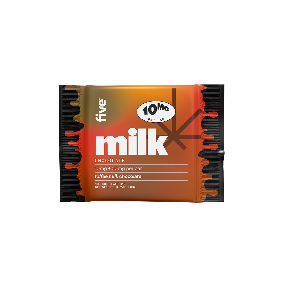 five milk CHOCOLATE 10MG PER BAR 10mg + 50mg per bar toffee milk chocolate 10G CHOCOLATE BAR NET WEIGHT: 0.35OZ (10G)