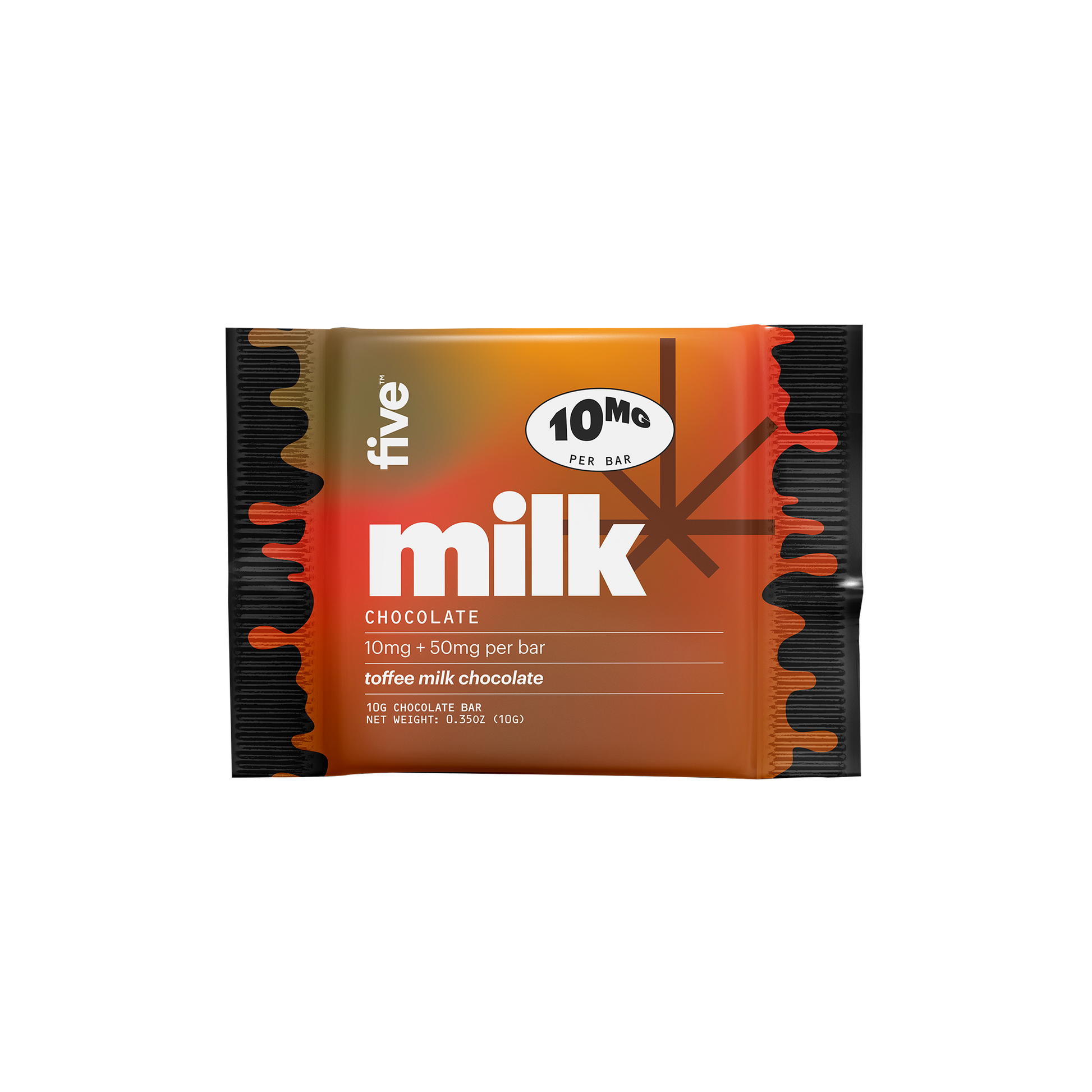 five milk CHOCOLATE 10MG PER BAR 10mg + 50mg per bar toffee milk chocolate 10G CHOCOLATE BAR NET WEIGHT: 0.35OZ (10G)