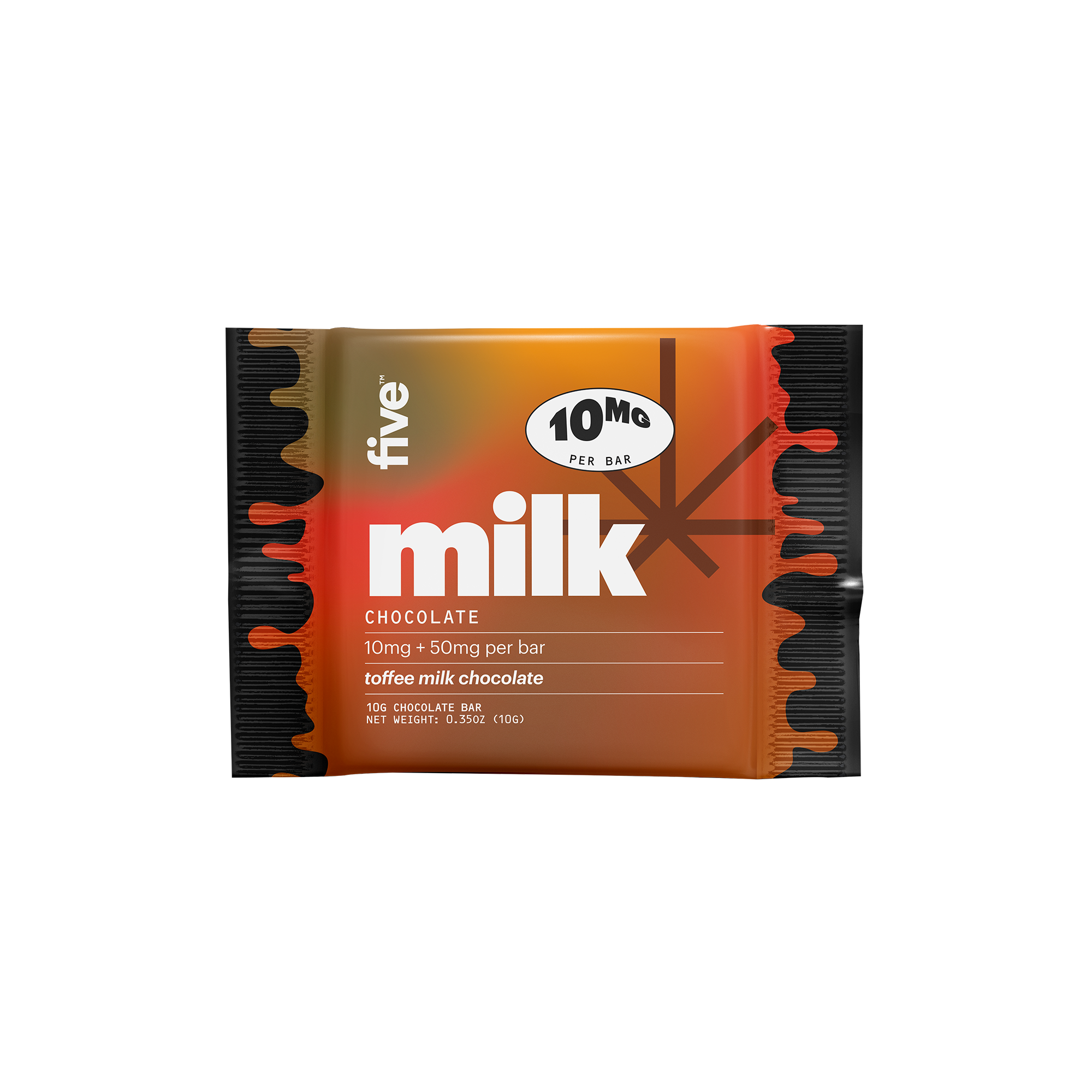 five milk CHOCOLATE 10MG PER BAR 10mg + 50mg per bar toffee milk chocolate 10G CHOCOLATE BAR NET WEIGHT: 0.35OZ (10G)