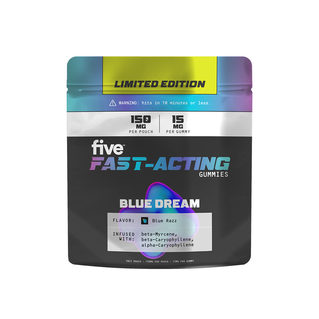 Five FAST-ACTING Gummies pouch — LIMITED EDITION, BLUE DREAM flavor; 150 MG per pouch, 15 MG per gummy.