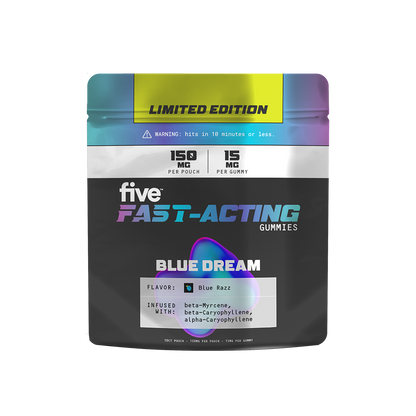 Five FAST-ACTING Gummies pouch — LIMITED EDITION, BLUE DREAM flavor; 150 MG per pouch, 15 MG per gummy.
