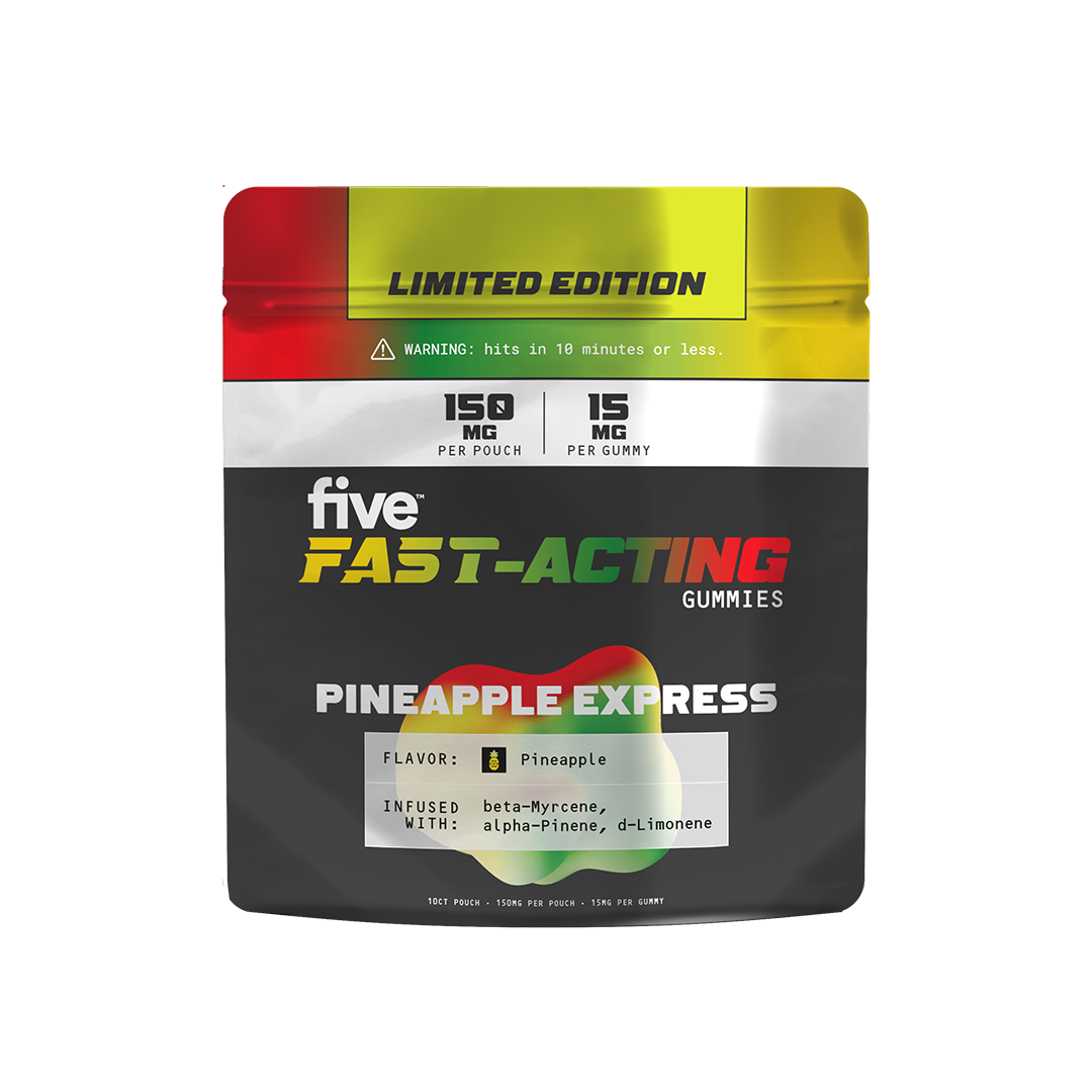 five FAST-ACTING gummies, PINEAPPLE EXPRESS flavor, LIMITED EDITION — 150 MG per pouch, 15 MG per gummy