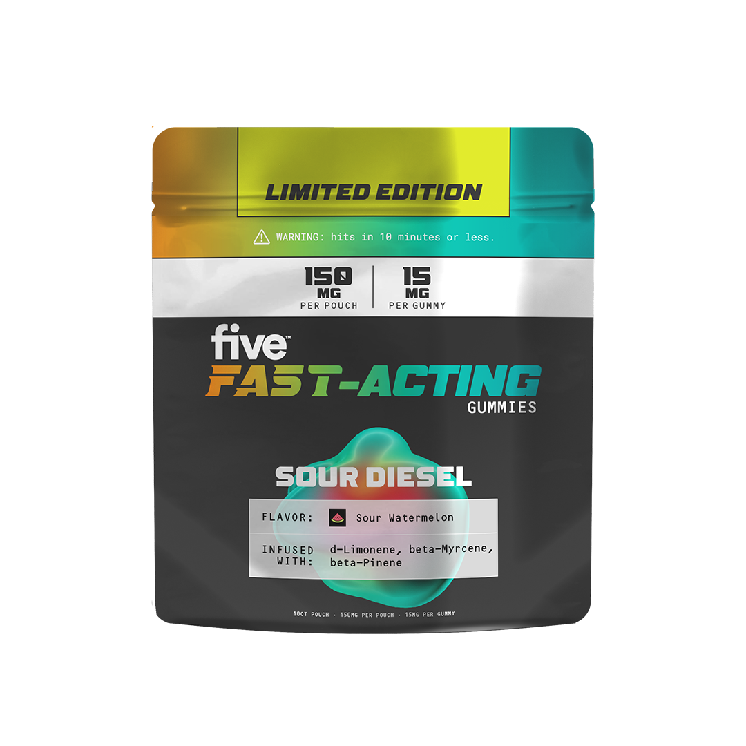 Five Fast-Acting gummies pouch, Sour Diesel flavor; 150 mg per pouch, 15 mg per gummy, warning: hits in 10 minutes.
