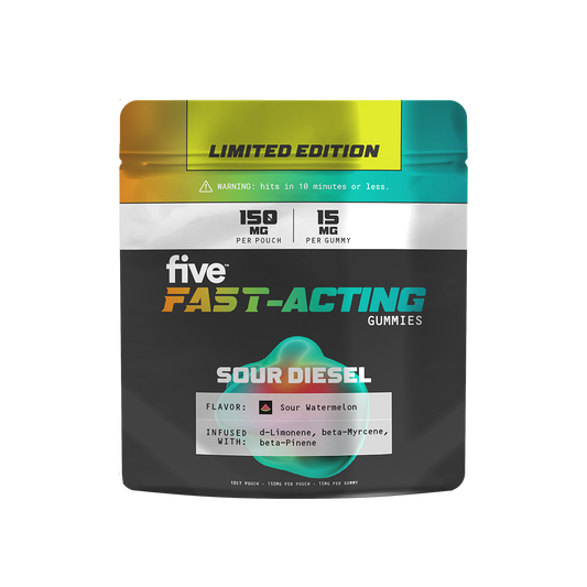 Five Fast-Acting gummies pouch, Sour Diesel flavor; 150 mg per pouch, 15 mg per gummy, warning: hits in 10 minutes.
