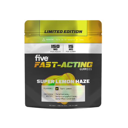 fast-acting gummies pouch — Super Lemon Haze flavor; 150 mg per pouch, 15 mg per gummy; Limited Edition.