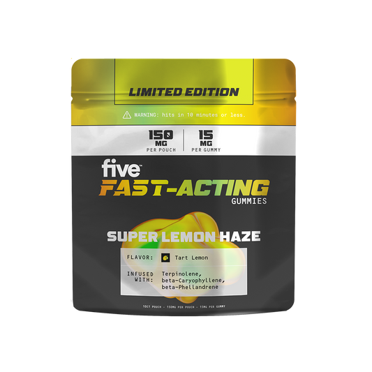 fast-acting gummies pouch — Super Lemon Haze flavor; 150 mg per pouch, 15 mg per gummy; Limited Edition.