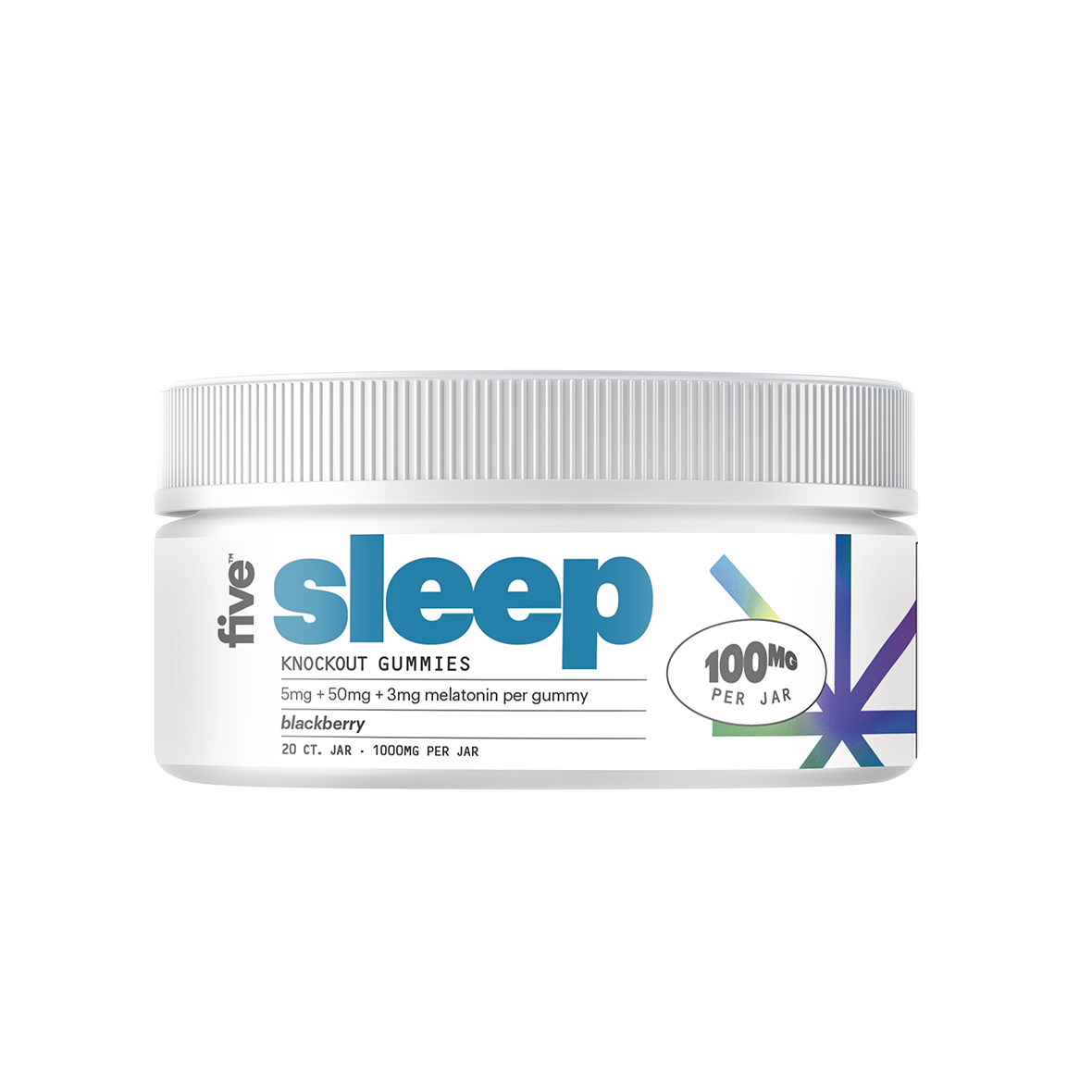 five sleep KNOCKOUT GUMMIES 5mg + 50mg + 3mg melatonin per gummy blackberry 20 CT. JAR 1000MG PER JAR 100MG PER JAR