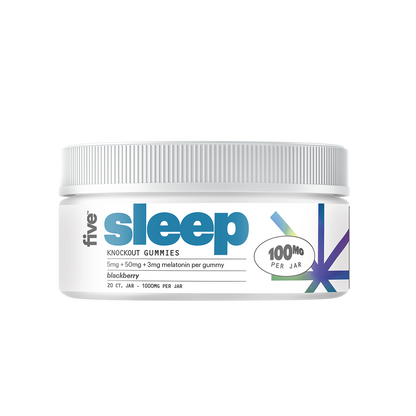 five sleep KNOCKOUT GUMMIES 5mg + 50mg + 3mg melatonin per gummy blackberry 20 CT. JAR 1000MG PER JAR 100MG PER JAR