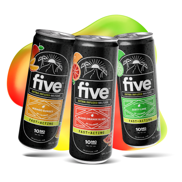 Three black five EXTRA-INFUZED SELTZER cans labeled MANGO SUNSET, BLOOD ORANGE BLAZE, ZESTY LIME — FAST-ACTING, 10MG
