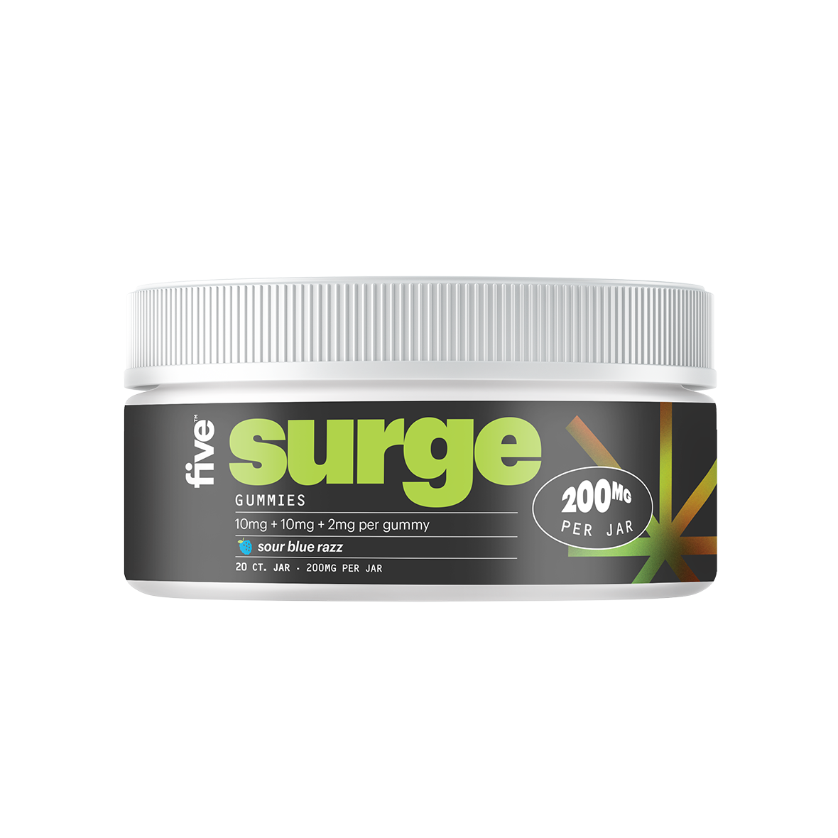 five surge GUMMIES 10mg + 10mg + 2mg per gummy sour blue razz 20 CT. JAR 200MG PER JAR