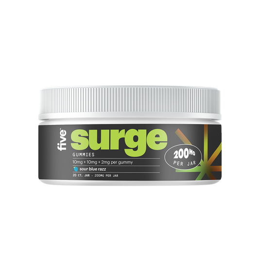 five surge GUMMIES 10mg + 10mg + 2mg per gummy sour blue razz 20 CT. JAR 200MG PER JAR