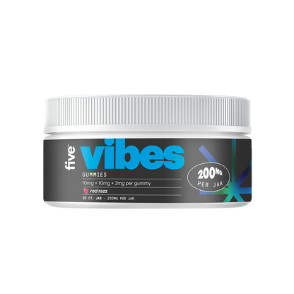 vibes GUMMIES 10mg + 10mg + 2mg per gummy red razz 20 CT. JAR 200MG PER JAR